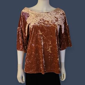 BOBEAU Crushed Velvet Blush Pink Boat Neck Bell Sleeve Top